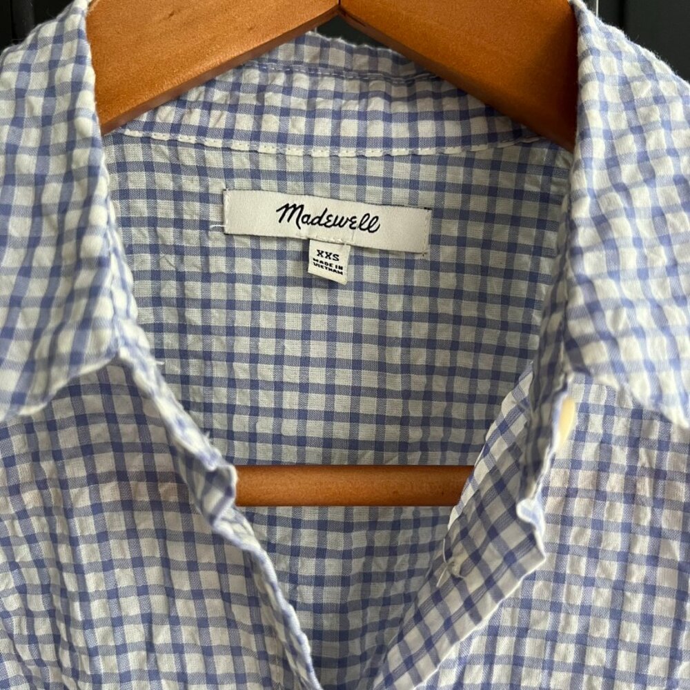 XXS - Madewell - Short Sleeve Button Down - Checkered/Plaid - White/Blue - Picture 2 of 5